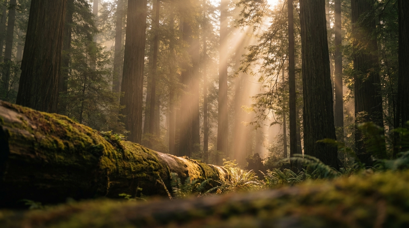 Golden hour landscape with volumetric light rays through forest