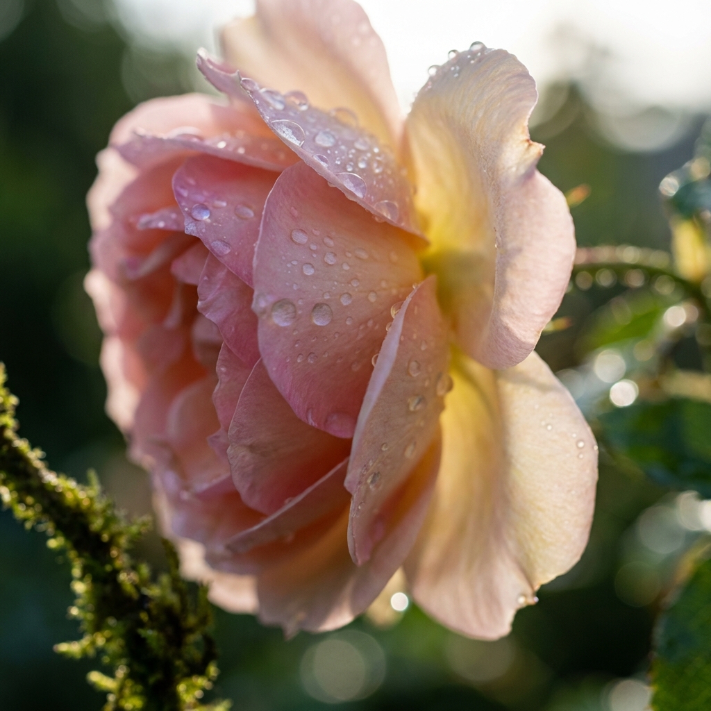 Macro shot of blooming flower with dew drops